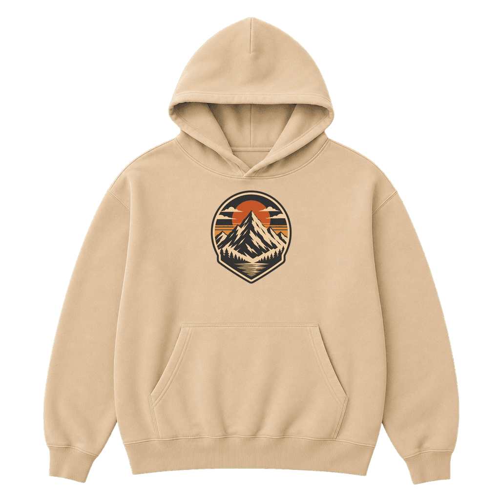 Sand-colored hoodie with a mountain and sunset print