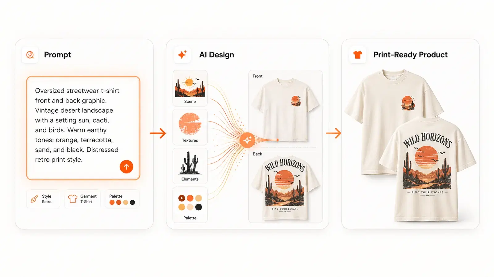 AI-powered clothing design pipeline showing text prompt transforming into print-ready garment designs with mockups