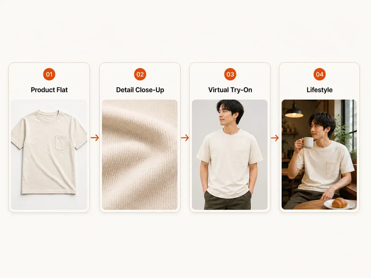 Visual showing four AI mockup types for clothing brands: product flat, detail close-up, virtual try-on model, and lifestyle scene