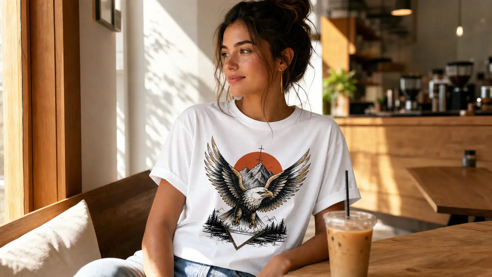 A model in a sunlit coffee shop wearing a T-shirt with a custom graphic print, showing the aspirational lifestyle look AI mockup generators can produce for clothing brands