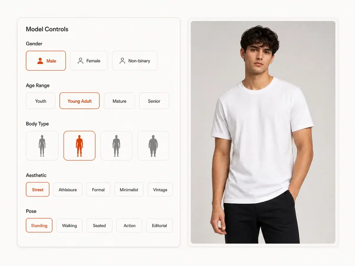 Virtual try-on model control interface showing demographic selection for gender, age range, body type, aesthetic, and pose