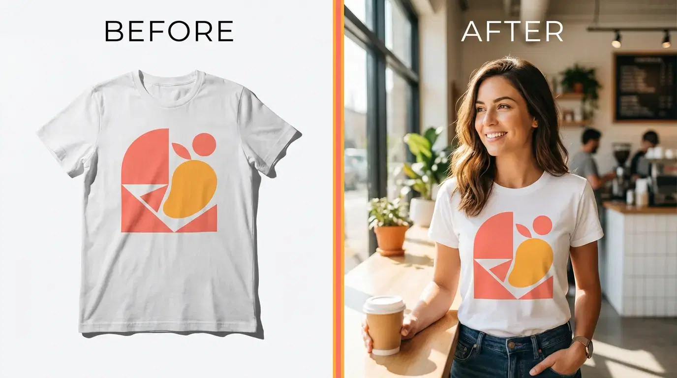 Basic white-background mockup vs AI-generated lifestyle mockup comparison