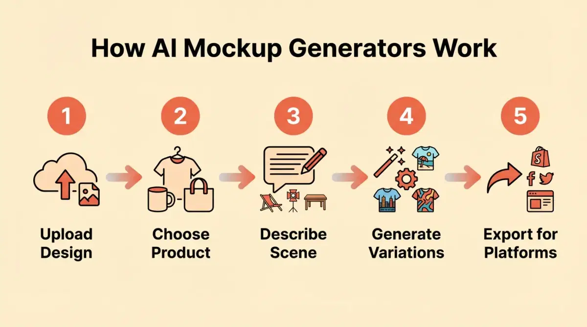 How AI mockup generation works: upload, select product, describe scene, generate, export