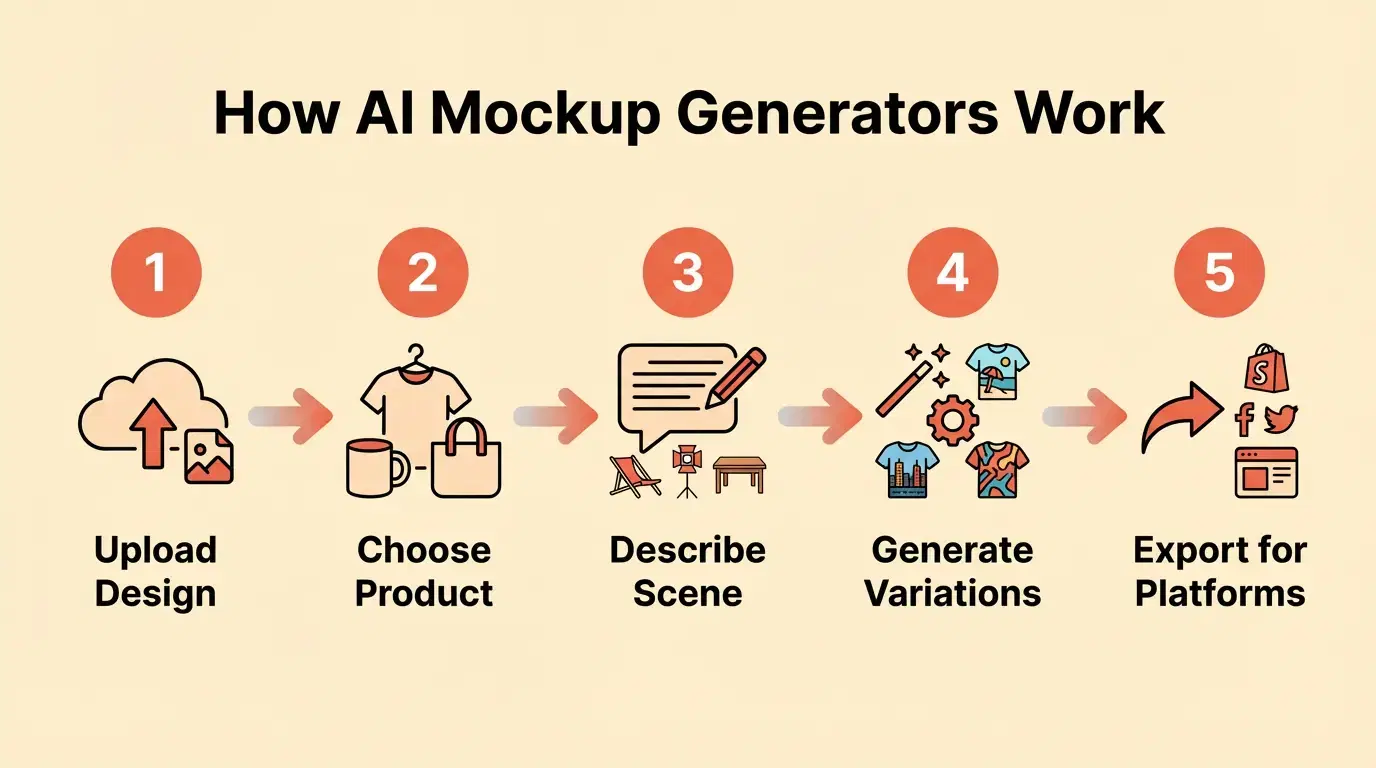 How AI mockup generation works: upload, select product, describe scene, generate, export