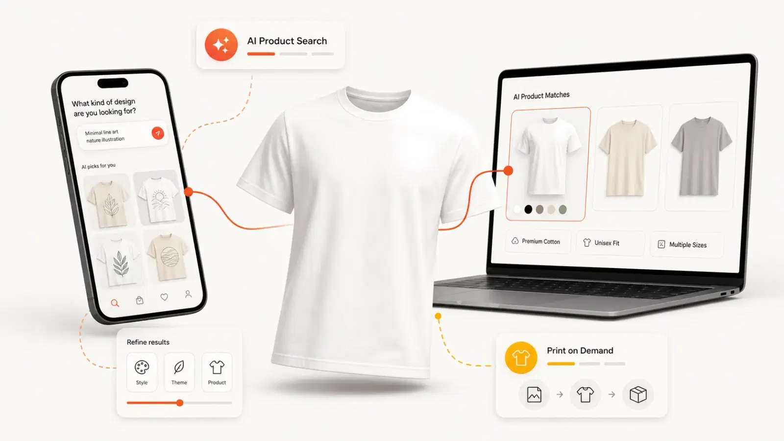 AI search interfaces from ChatGPT Shopping and Perplexity alongside print-on-demand clothing product listings, showing modern AI-driven product discovery