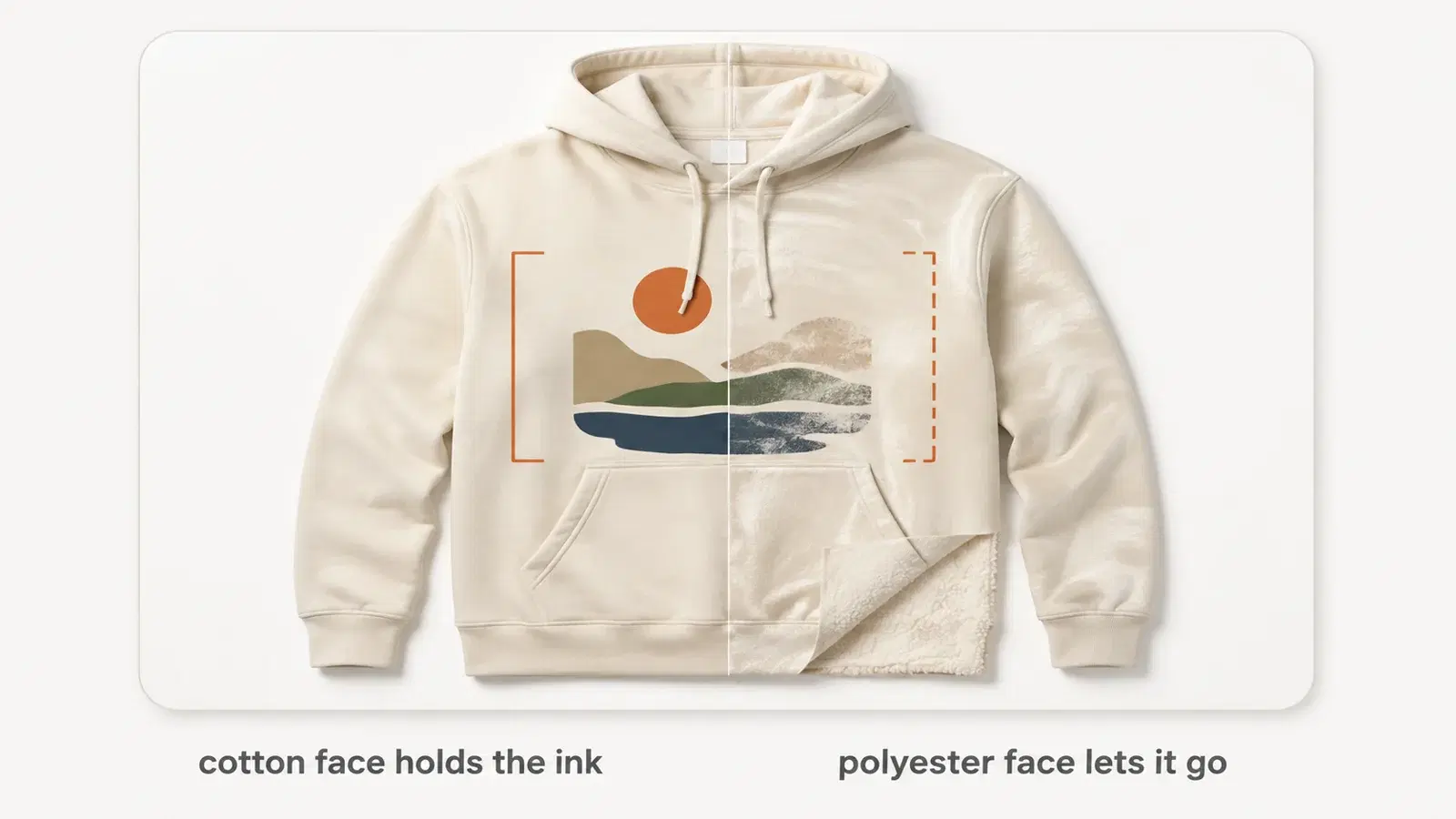 A hoodie with a cotton-faced printable surface beside the same hoodie with a polyester-blend face
