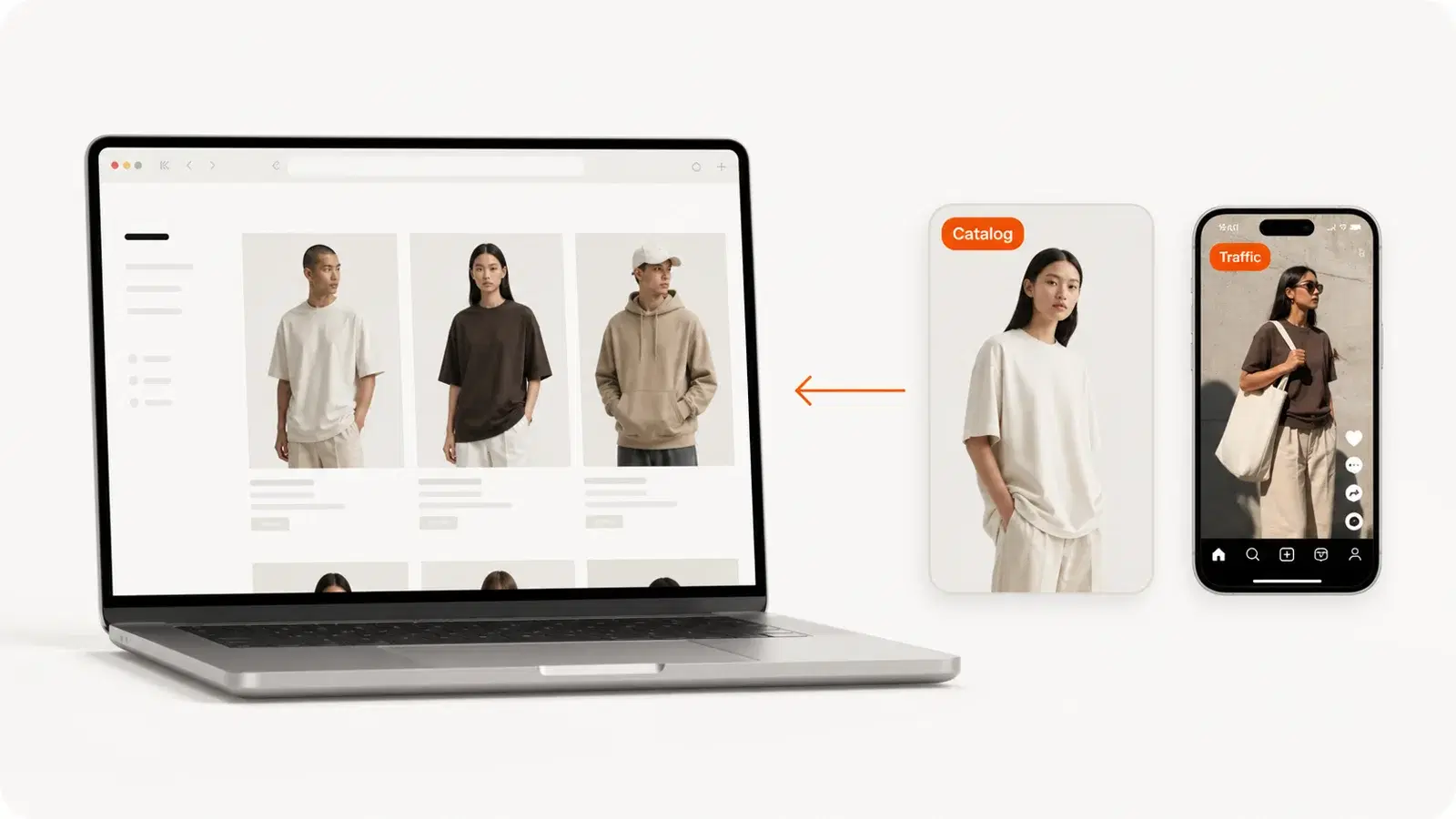 A clothing storefront on a laptop contrasted with the two things it needs but doesn't come with: product photography of apparel and a phone showing social traffic