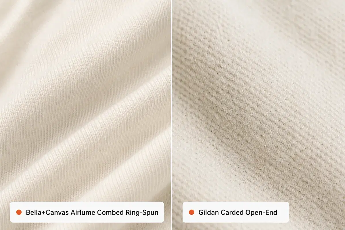 Close-up comparison of Bella+Canvas Airlume combed ring-spun cotton fabric texture versus Gildan carded open-end cotton fabric texture