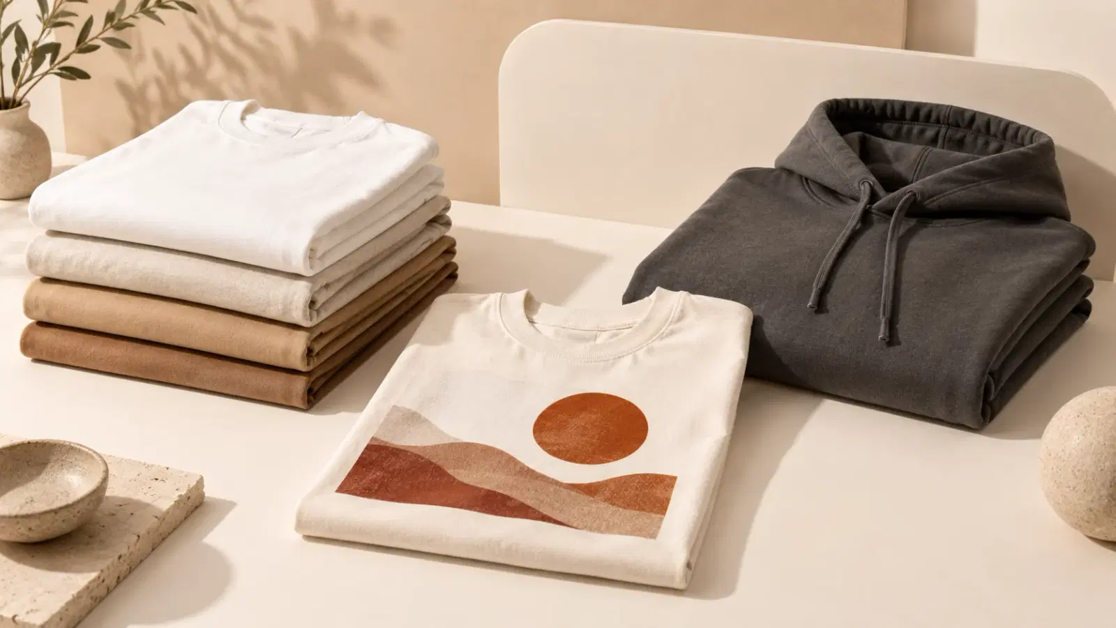 Apparel-studio scene where a stack of plain heavyweight staple tees and a folded hoodie in earthy neutrals sit on a clean surface, with a single printed design tee set slightly apart to mark the garment-decision focus of the guide.