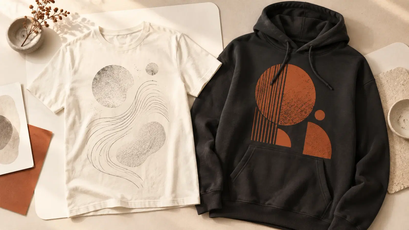 Overhead apparel-studio detail of two print-in-progress tees — a soft detailed print on a cream cotton tee beside a bold-color print on a dark hoodie — illustrating that the print method must match the artwork and the blank.