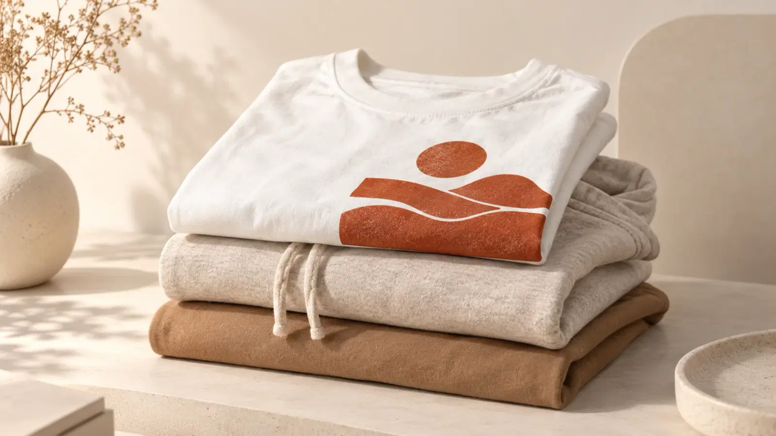 Apparel-studio scene of three folded hoodies and tees in earthy neutrals stacked like a collection worn in rotation, with a small printed design visible on one, suggesting a drop people actually reach for again.
