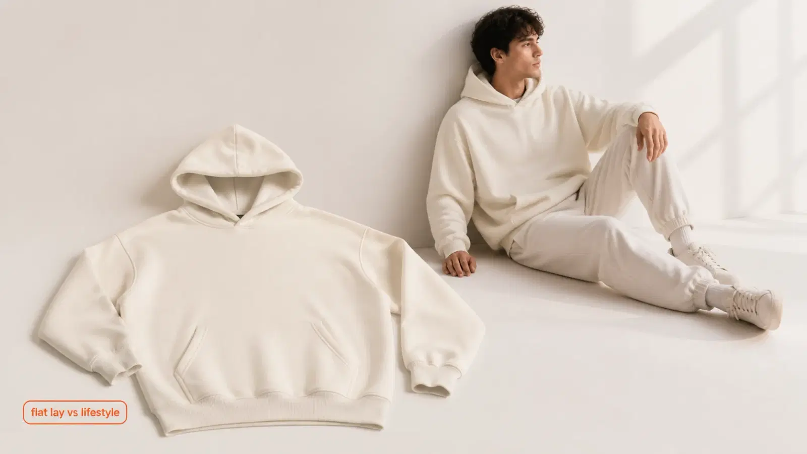 Side-by-side of a graphic tee as a flat lay and the same style shown on a model in a lifestyle scene, illustrating the flat-lay vs lifestyle mockup decision for clothing brands.