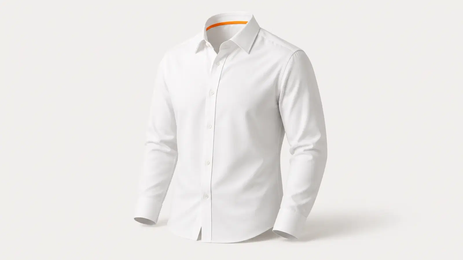 A structured button-down shirt shown on an invisible mannequin, holding a three-dimensional human shape with the mannequin edited out.