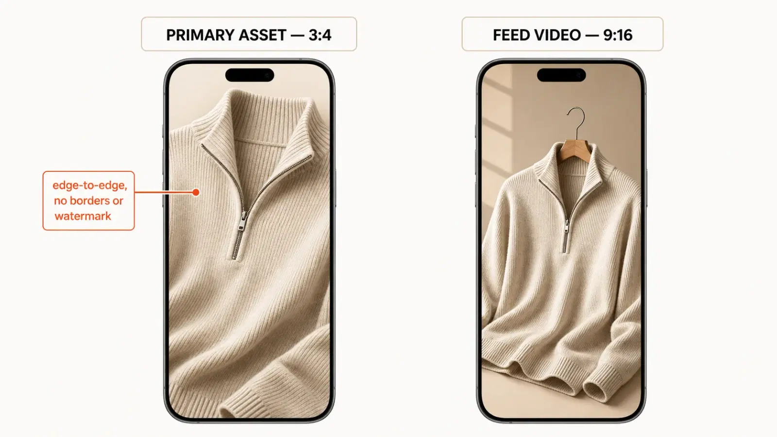 TikTok Shop clothing listing specs: 3:4 primary asset vs 9:16 feed video