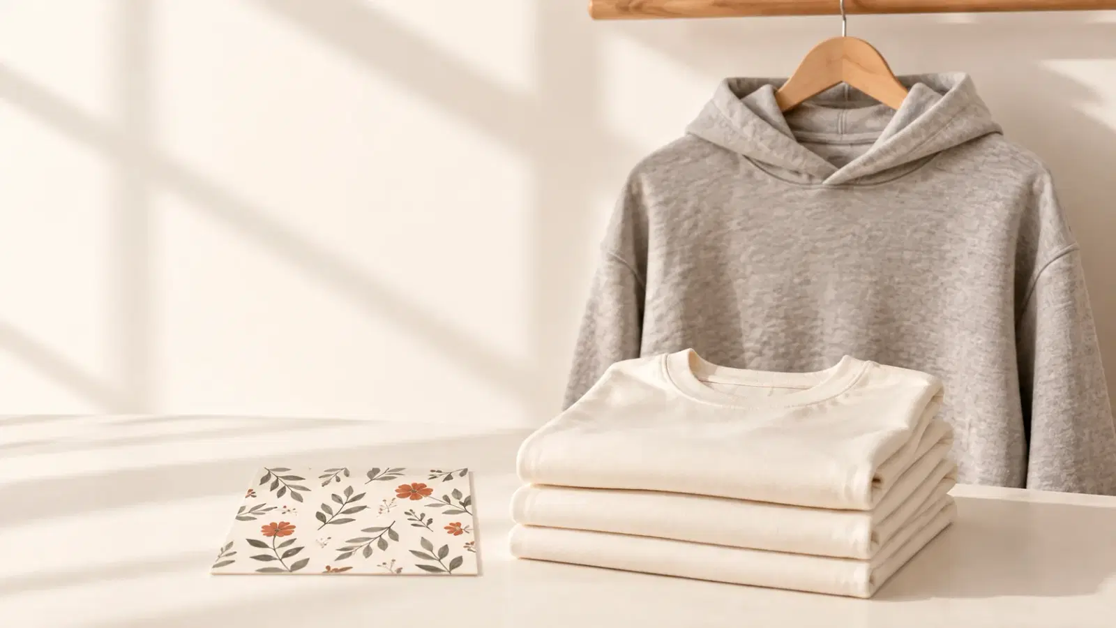 Warm apparel-studio editorial: a neatly folded stack of blank cream tees beside a square sheet of pattern artwork, with one finished hoodie hanging beside it — the tile becoming the garment. No text, no labels.