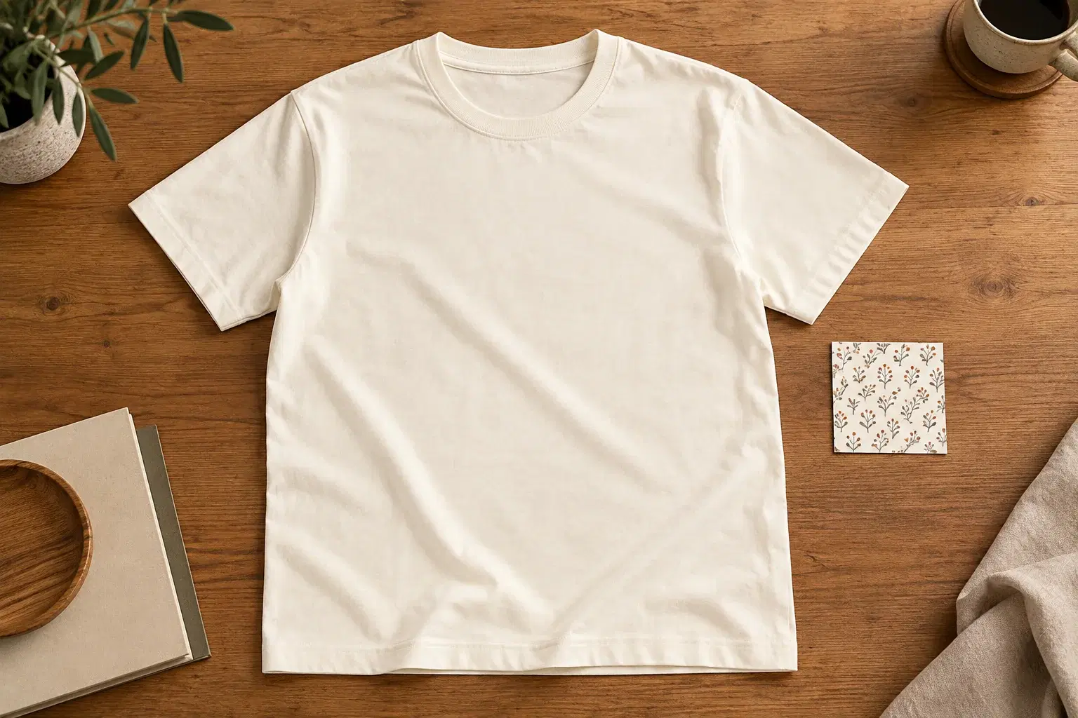 Close editorial shot of a blank cream t-shirt laid flat on a warm desk, with a small square pattern tile printed on a paper swatch beside the chest — motif scale shown as smaller or larger than the garment. No text.
