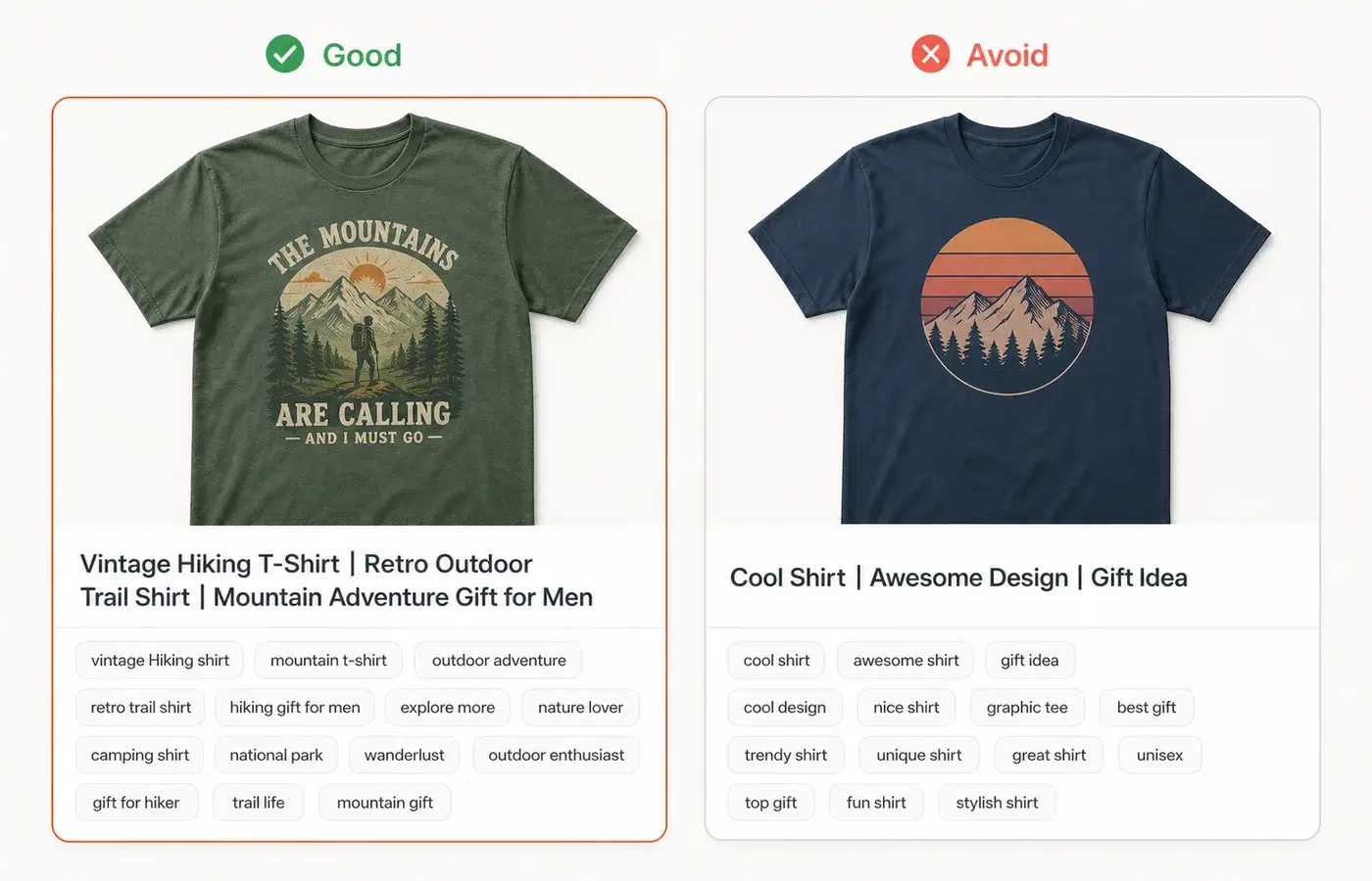 Example of a well-optimized Etsy clothing listing showing title format and tags