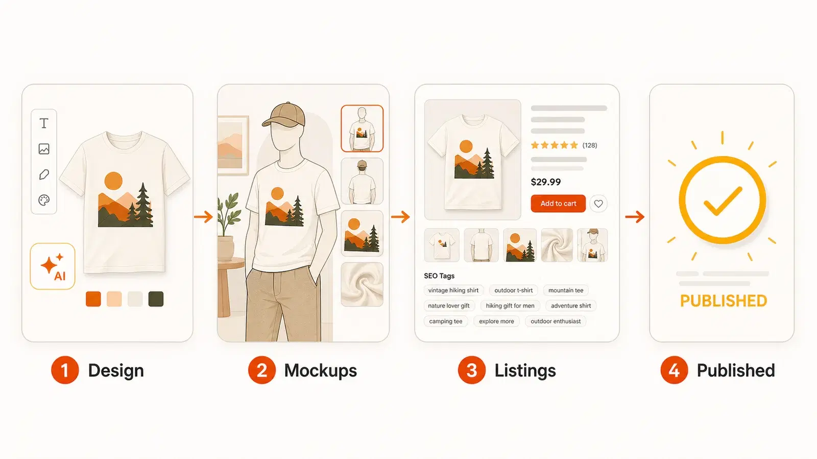 AI-powered workflow for selling clothing on Etsy showing a design-to-listing pipeline