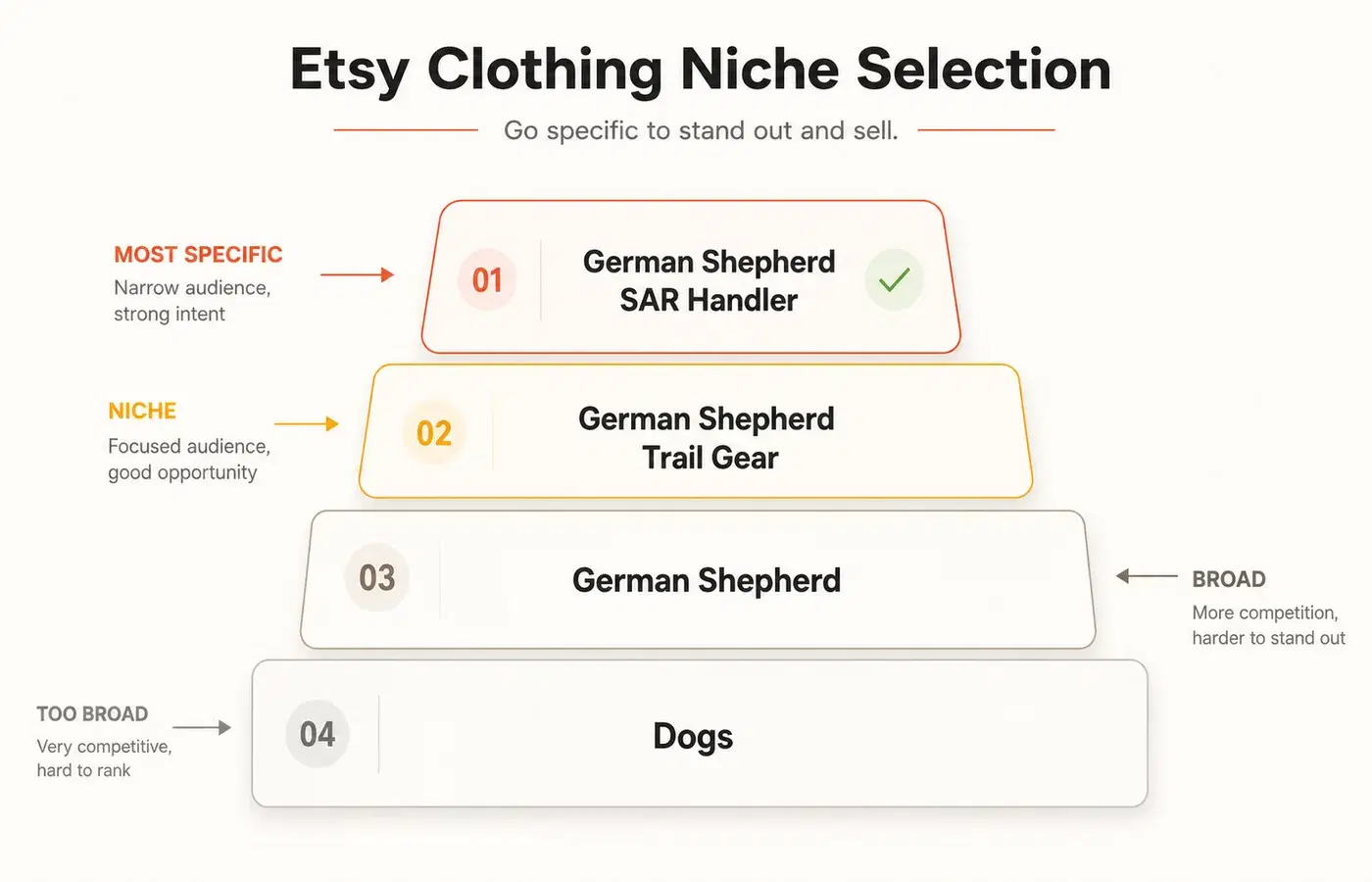 Niche pyramid showing four levels of targeting specificity for Etsy clothing brands