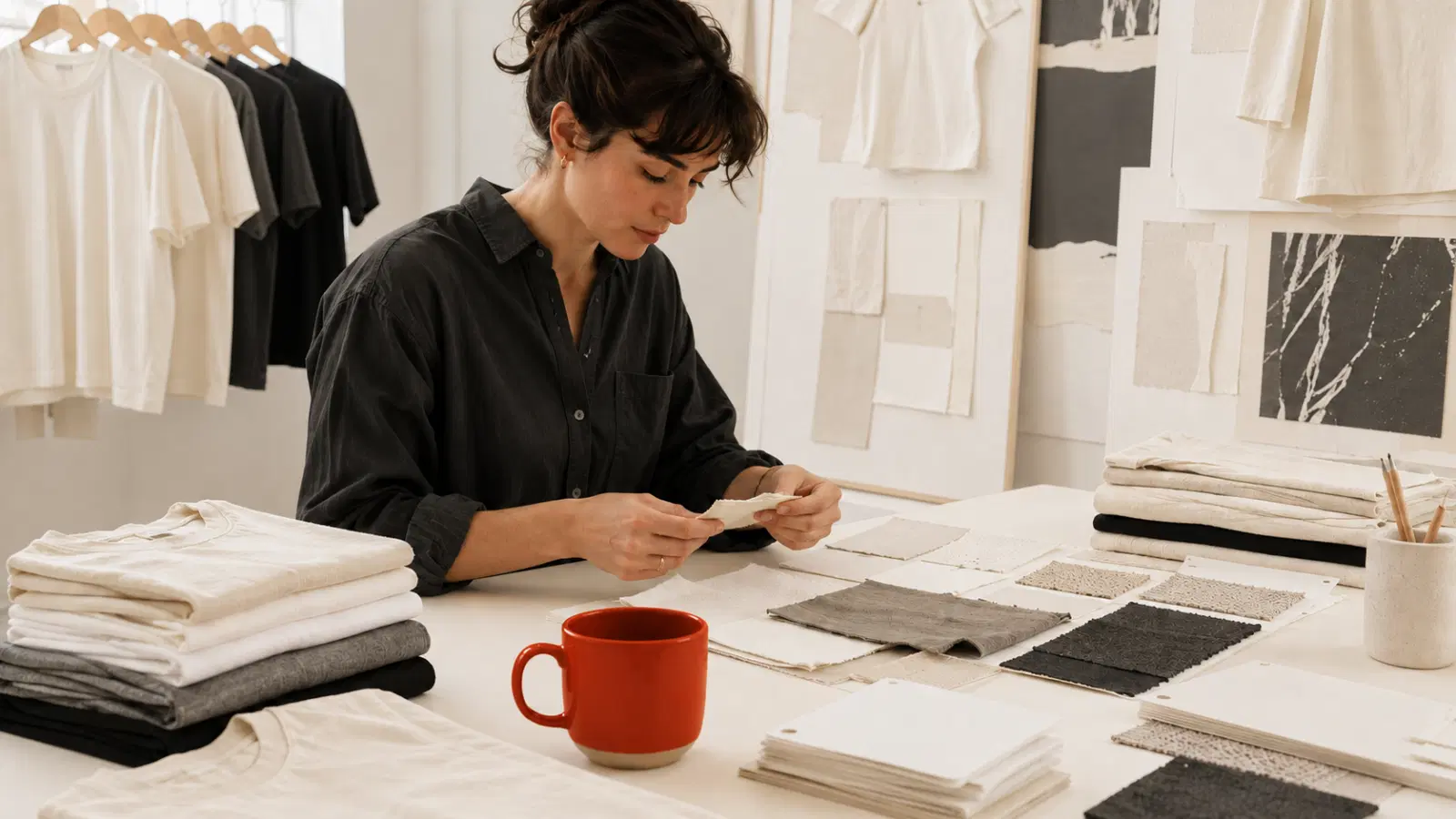 Trend-forecasting workbench — an independent clothing-brand creator reading fabric swatches and mood-board trend references at a clean warm-paper studio desk, garments stacked, soft morning light.