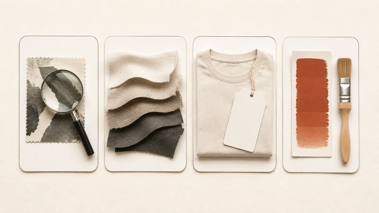 Four curved paper cards laid on a warm desk — search, social, commerce and culture motif shown as textures (magnifier, rising wave, price tag glyph shape, fabric) with no text.