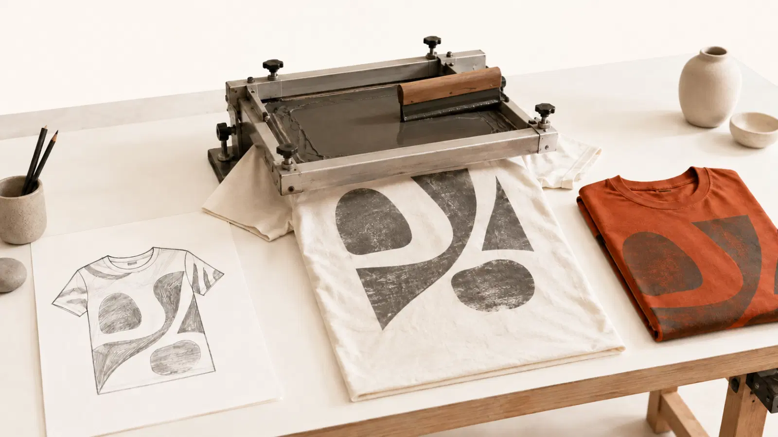 A design sketch becoming a finished folded tee on a light table — compressed creative-to-product workflow, warm-paper studio, no text.