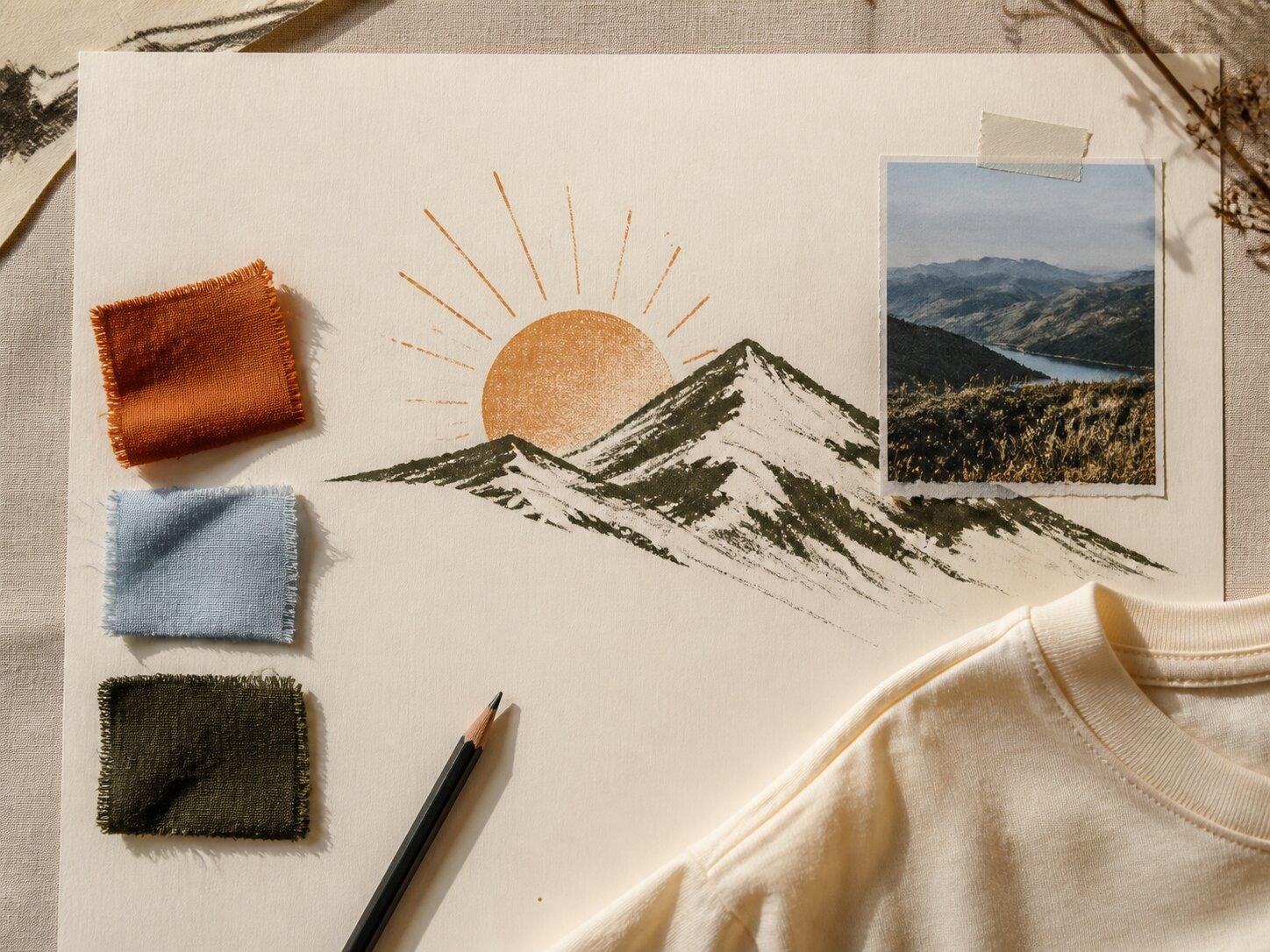 An outdoor collection moodboard with a mountain illustration, a landscape photo, and colored fabric swatches
