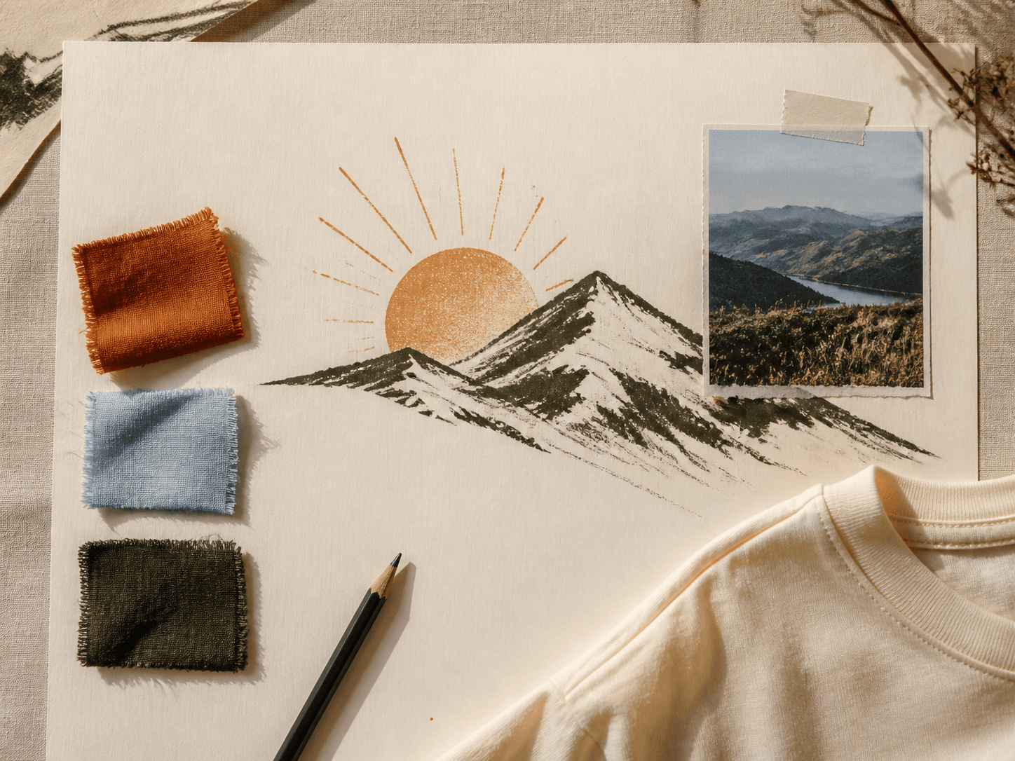 An outdoor collection moodboard with a mountain illustration, a landscape photo, and colored fabric swatches