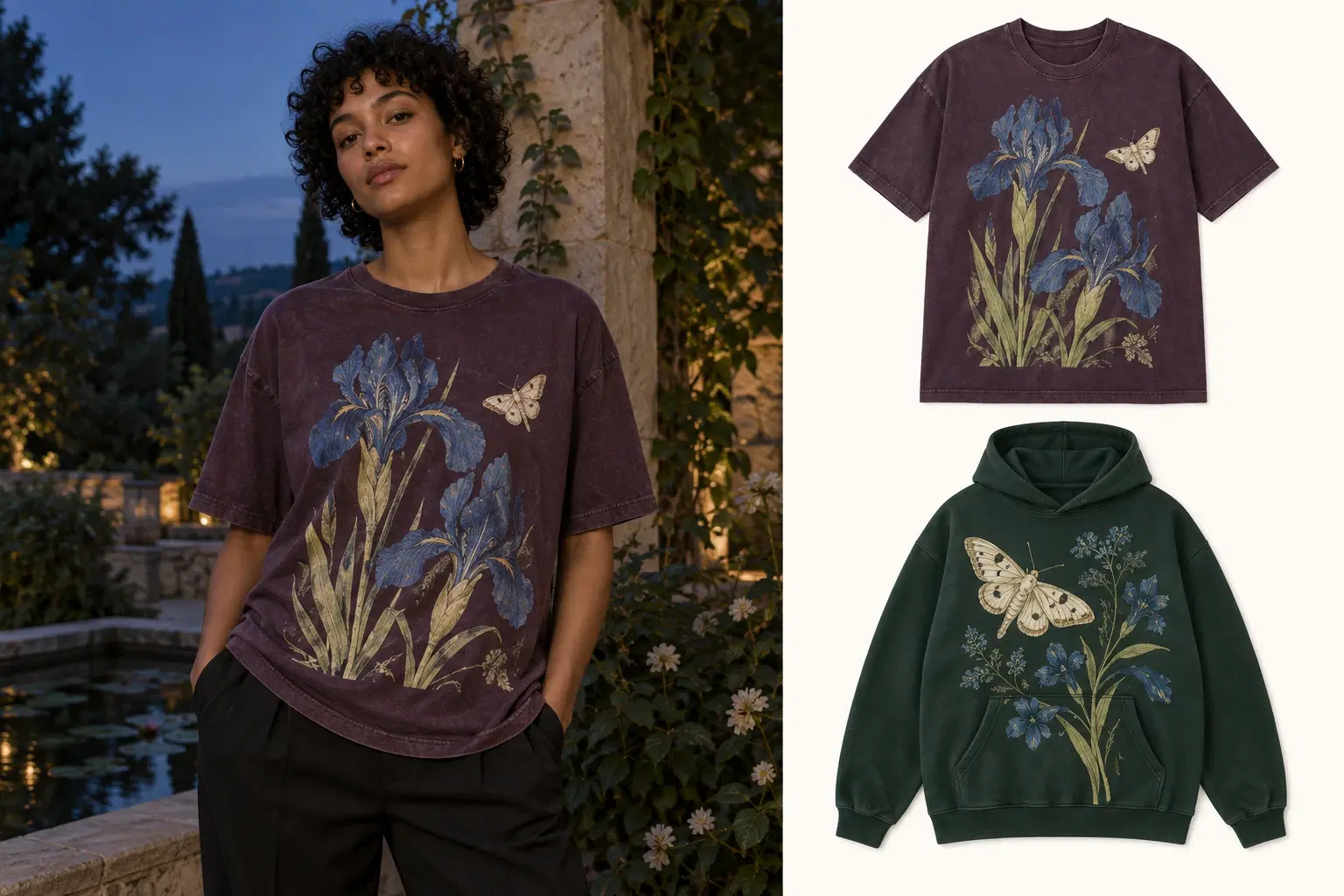 Night garden collection study: a model wearing a plum iris-print tee, alongside the matching tee and a forest-green botanical hoodie