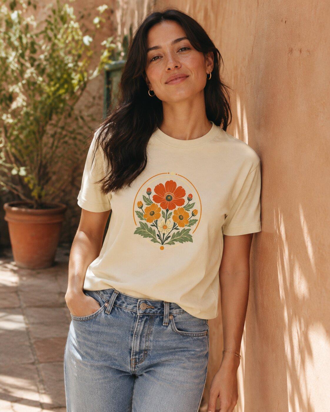 A model wearing a cream wildflower-print tee and blue jeans in a warm courtyard