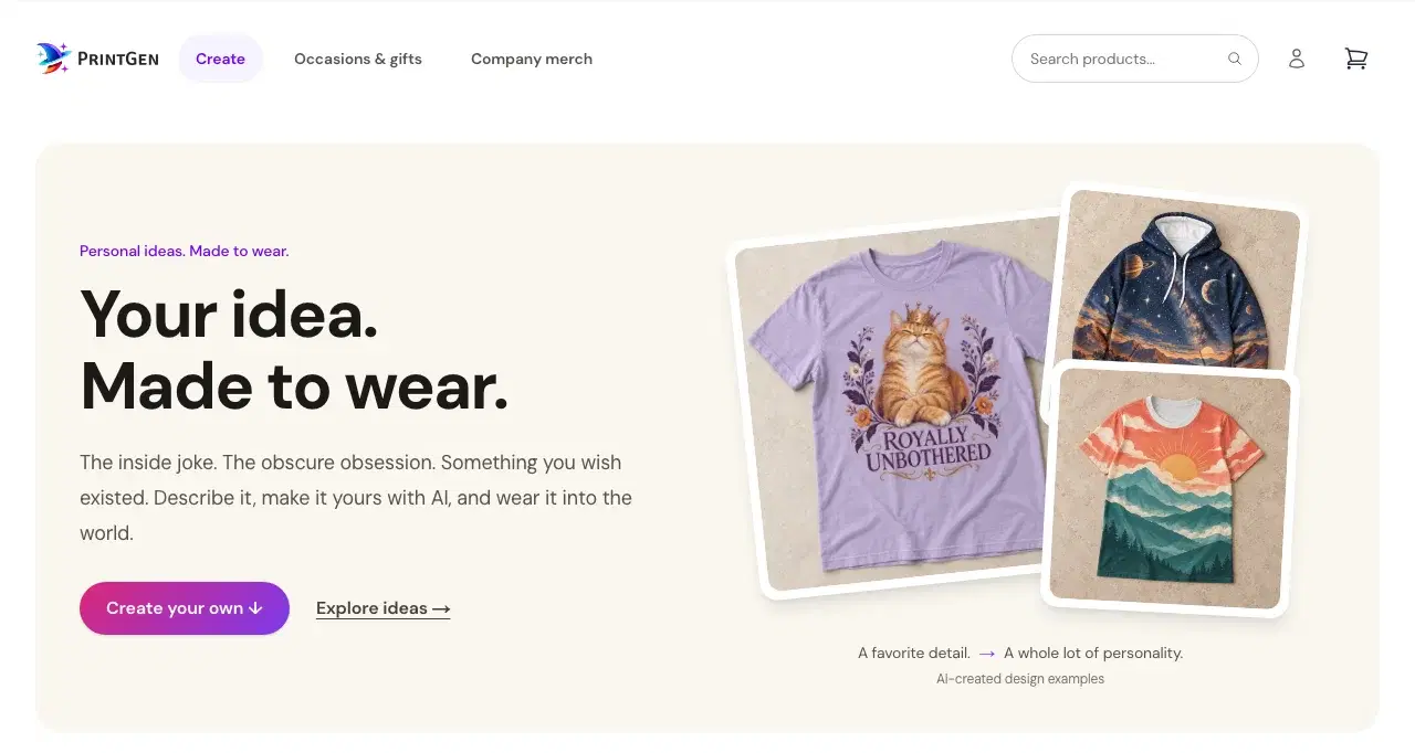 PrintGen.ai storefront with AI-created T-shirt and hoodie examples and a Create your own button.