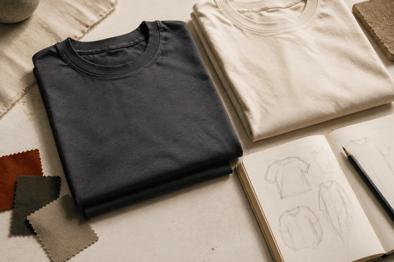 An editorial illustration of folded tees, fabric swatches, and a notebook on a worktable