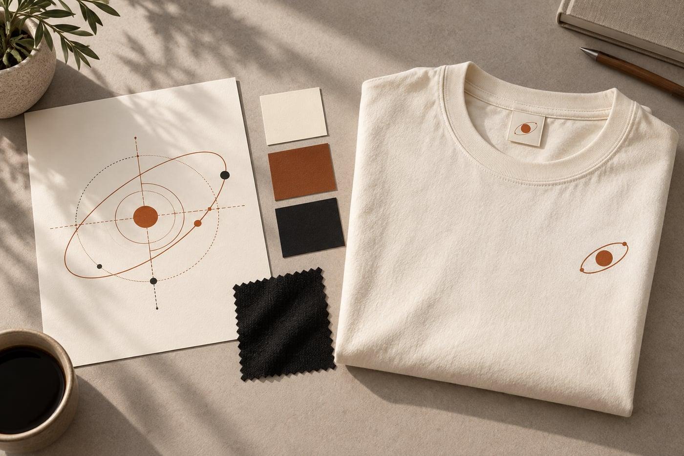 An original orbital brand emblem, color chips, fabric, and a matching printed tee.