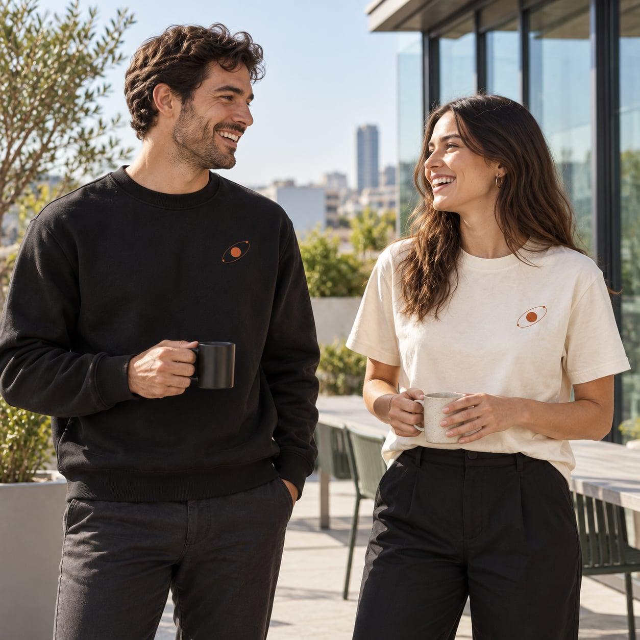 Two colleagues wearing a black sweatshirt and ivory tee with a shared orbital brand emblem.