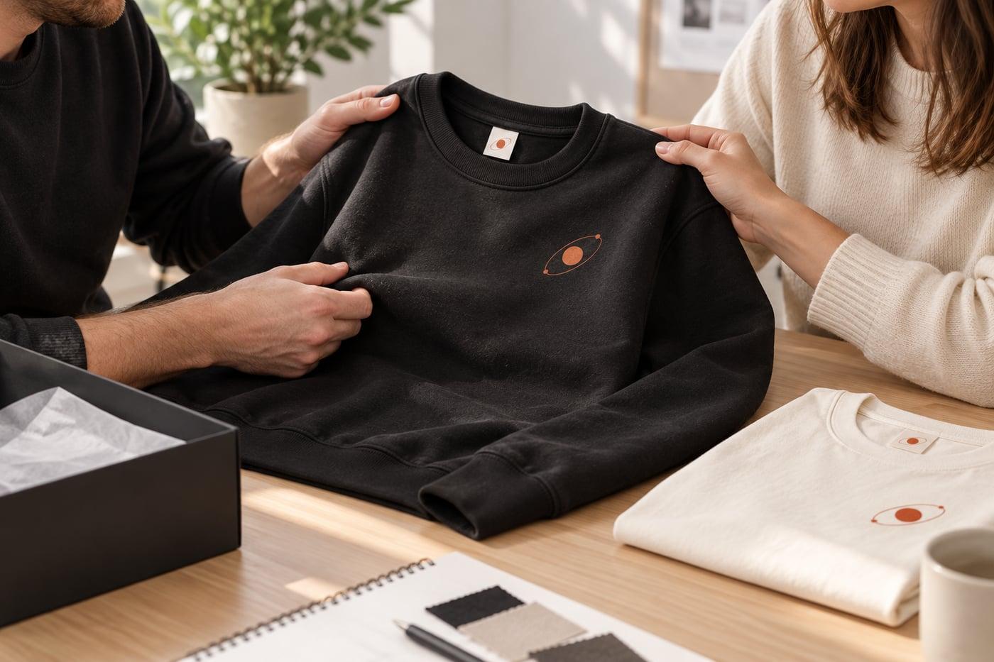 Team members inspecting a branded sweatshirt sample before a company merch launch.