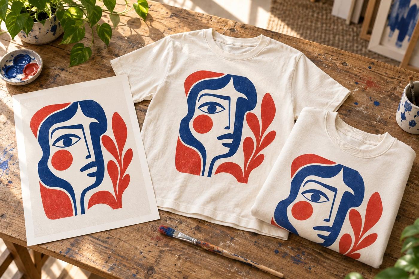 An original red-and-blue face illustration alongside its matching tee and sweatshirt.