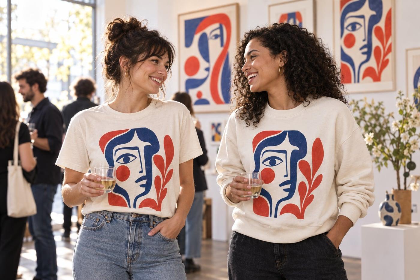 Two friends wearing a creator’s illustrated merch at an art gallery gathering.