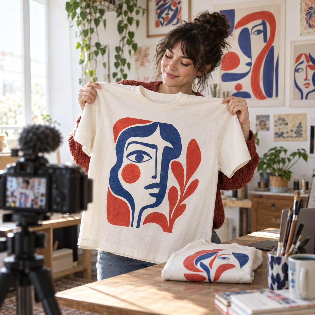 An illustrator filming a merch reveal with a T-shirt featuring artwork from her studio.
