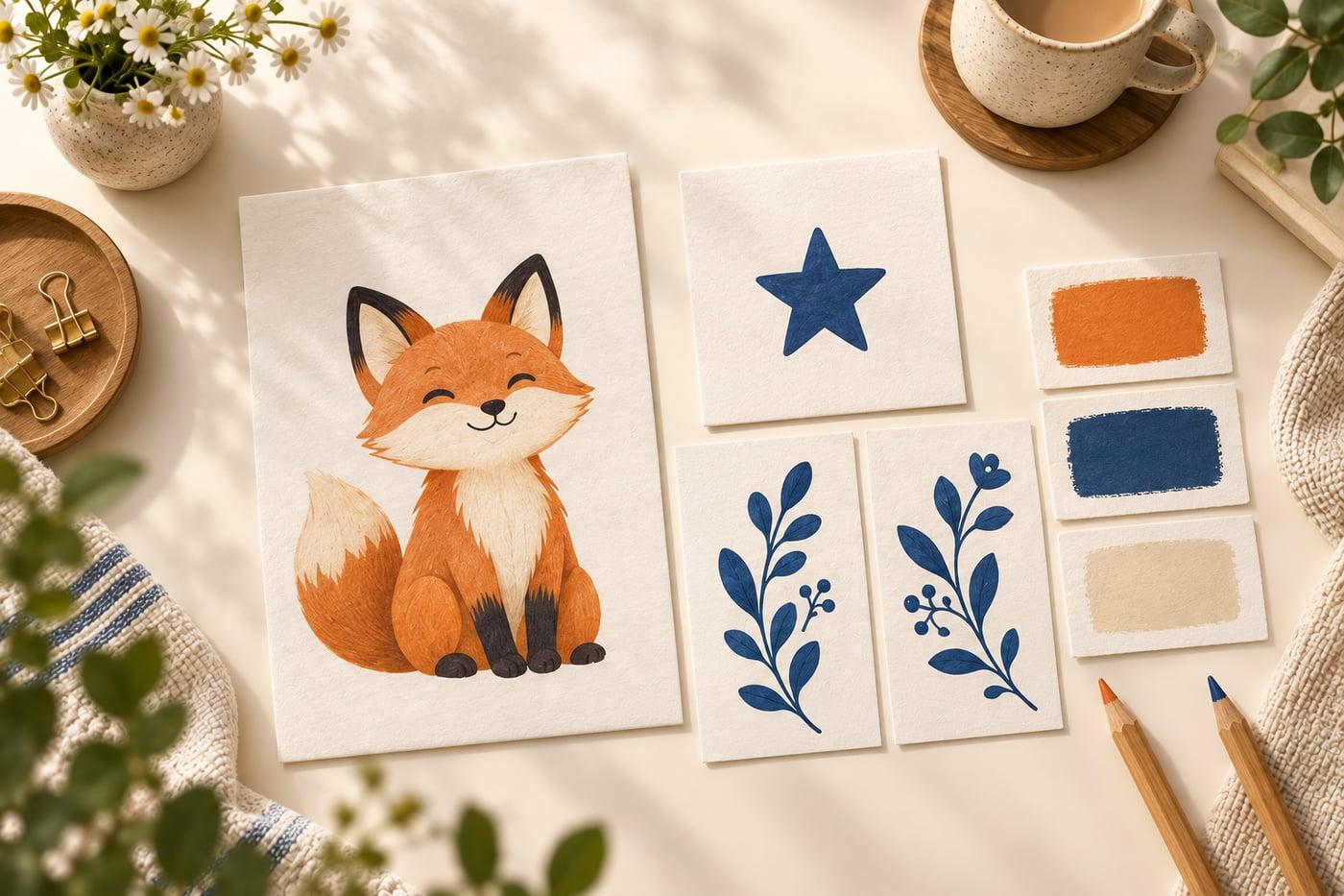 Approved fox, star, and botanical artwork cards with a coordinated color palette.