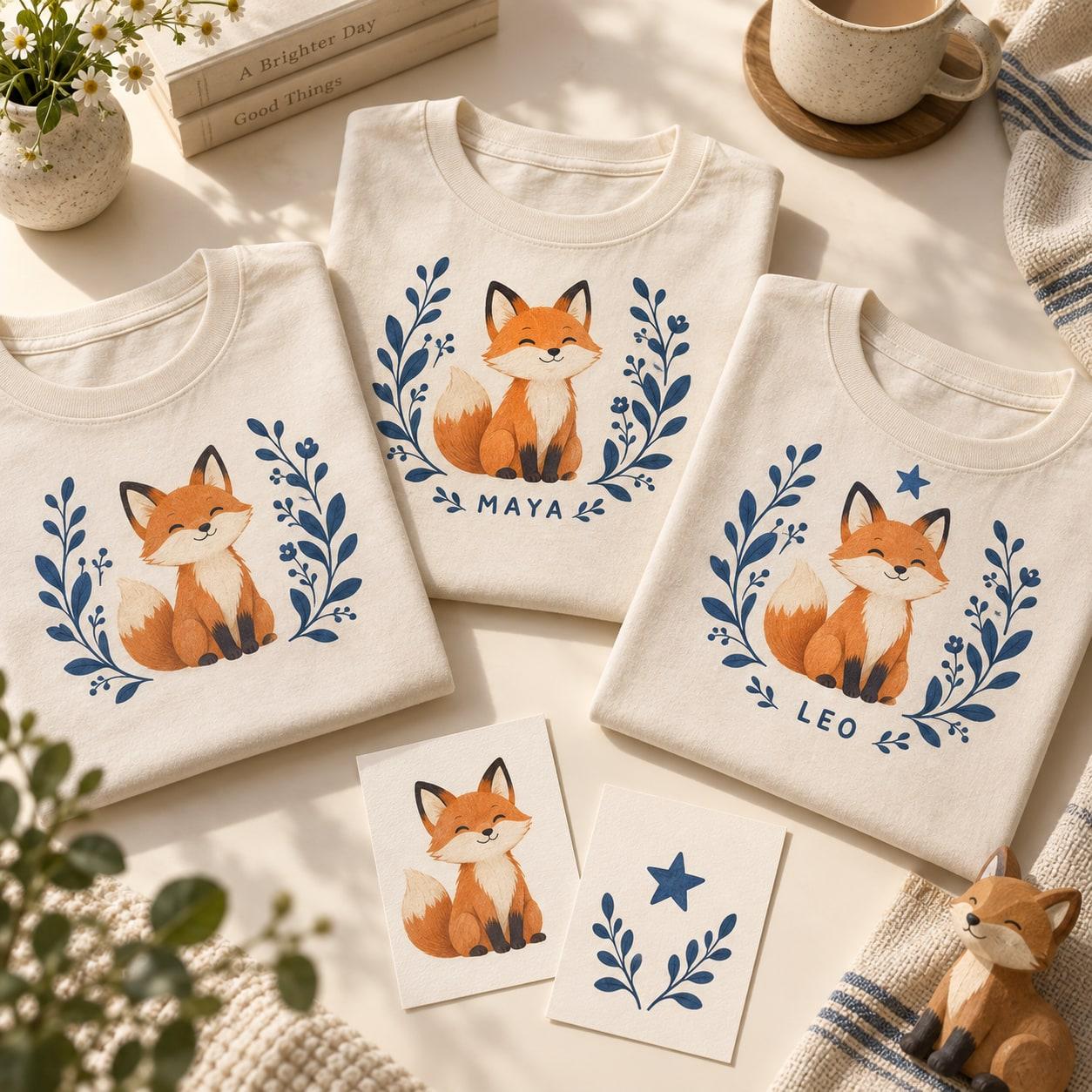 Three cream fox-character T-shirts showing a base design and personalized Maya and Leo versions.