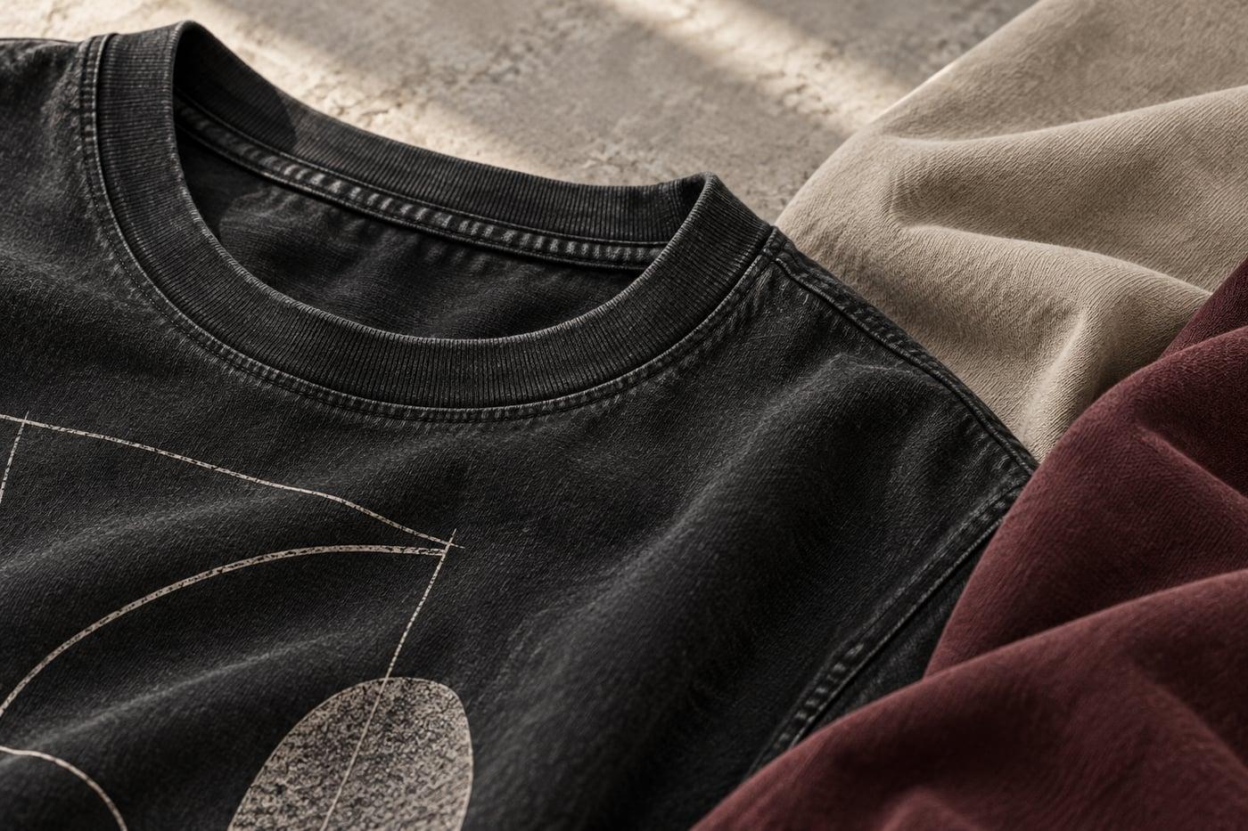 A washed-black tee neckline and print beside sand and burgundy fabric swatches.