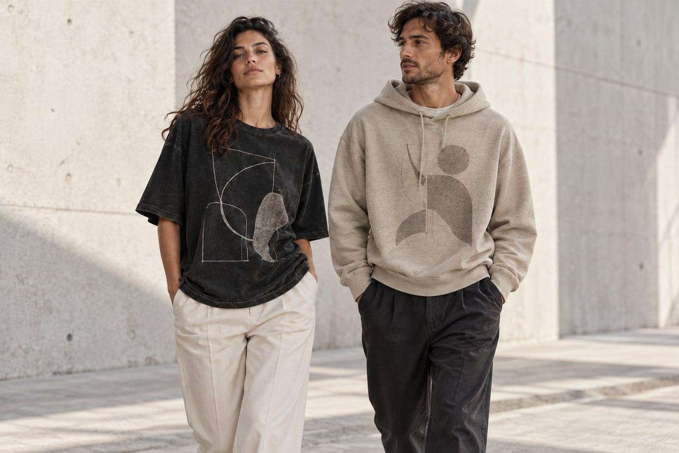 Two models wearing a coordinated graphic tee and hoodie capsule.