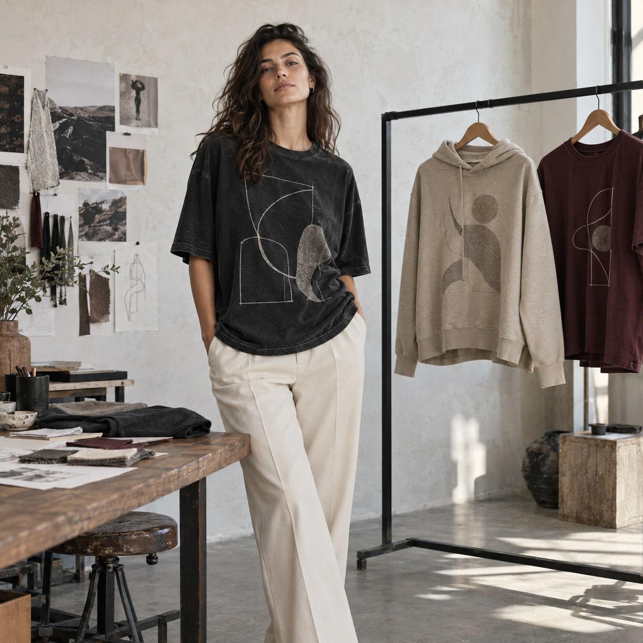 Model wearing an oversized graphic tee beside a coordinated capsule collection in a fashion atelier.