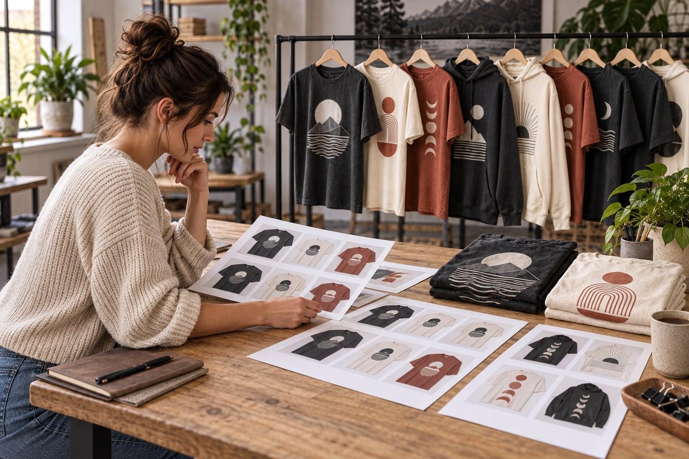 An operator reviewing product contact sheets and samples from an existing catalog.