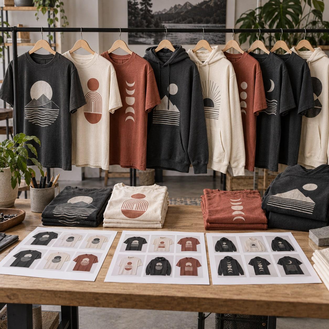 Coordinated graphic tees and hoodies with product contact sheets for an established apparel catalog.