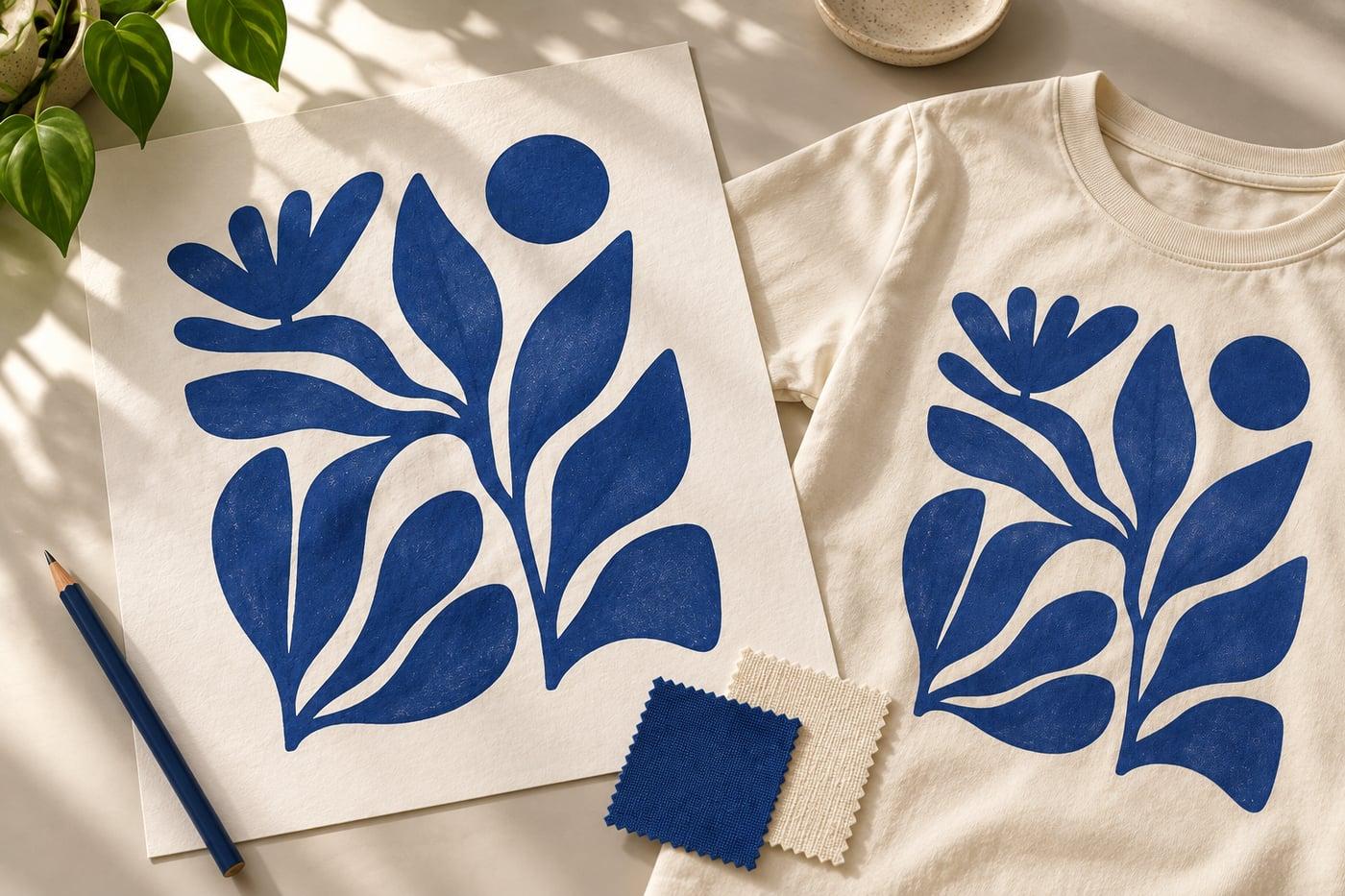 Cobalt botanical artwork, a matching printed tee, and fabric swatches.