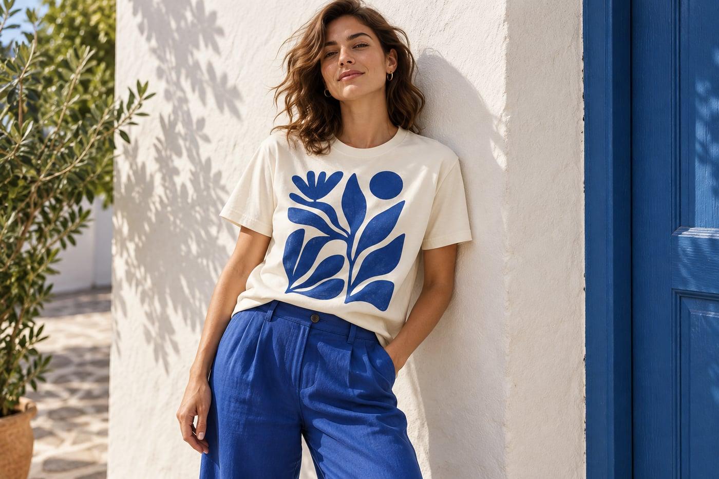 A model wearing the botanical collection in a sunlit launch campaign.