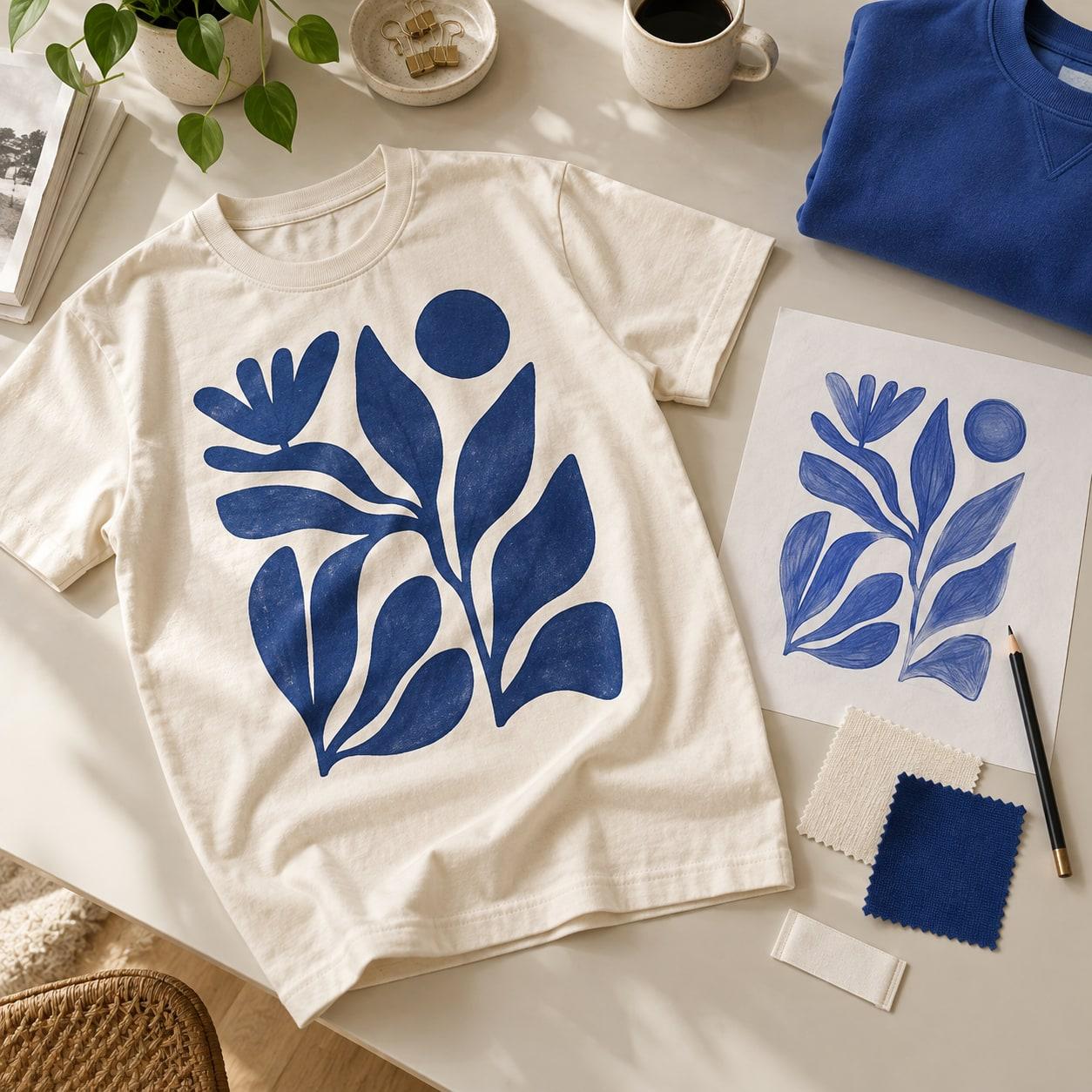 Cream T-shirt with a cobalt botanical print beside its design sketch and fabric swatches.