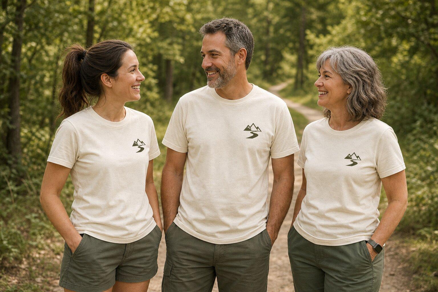 Three weekend walkers wearing cream tees with small mountain graphics on a wooded trail