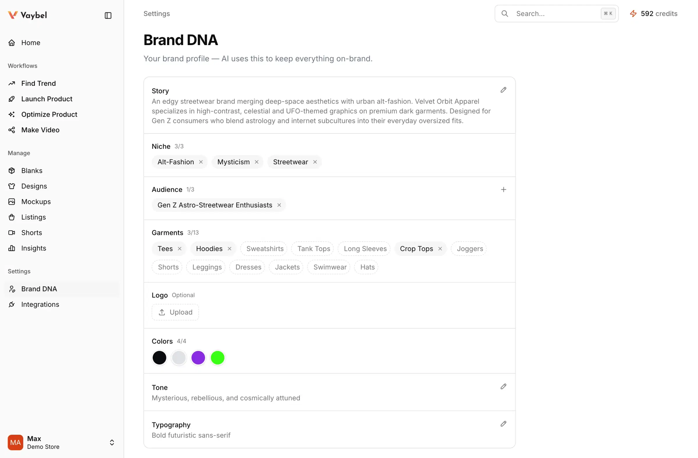 Vaybel dashboard Brand DNA page showing Story, Niche, Audience, Garments, Logo, Colors, Tone, Typography, and Regenerate Brand DNA.